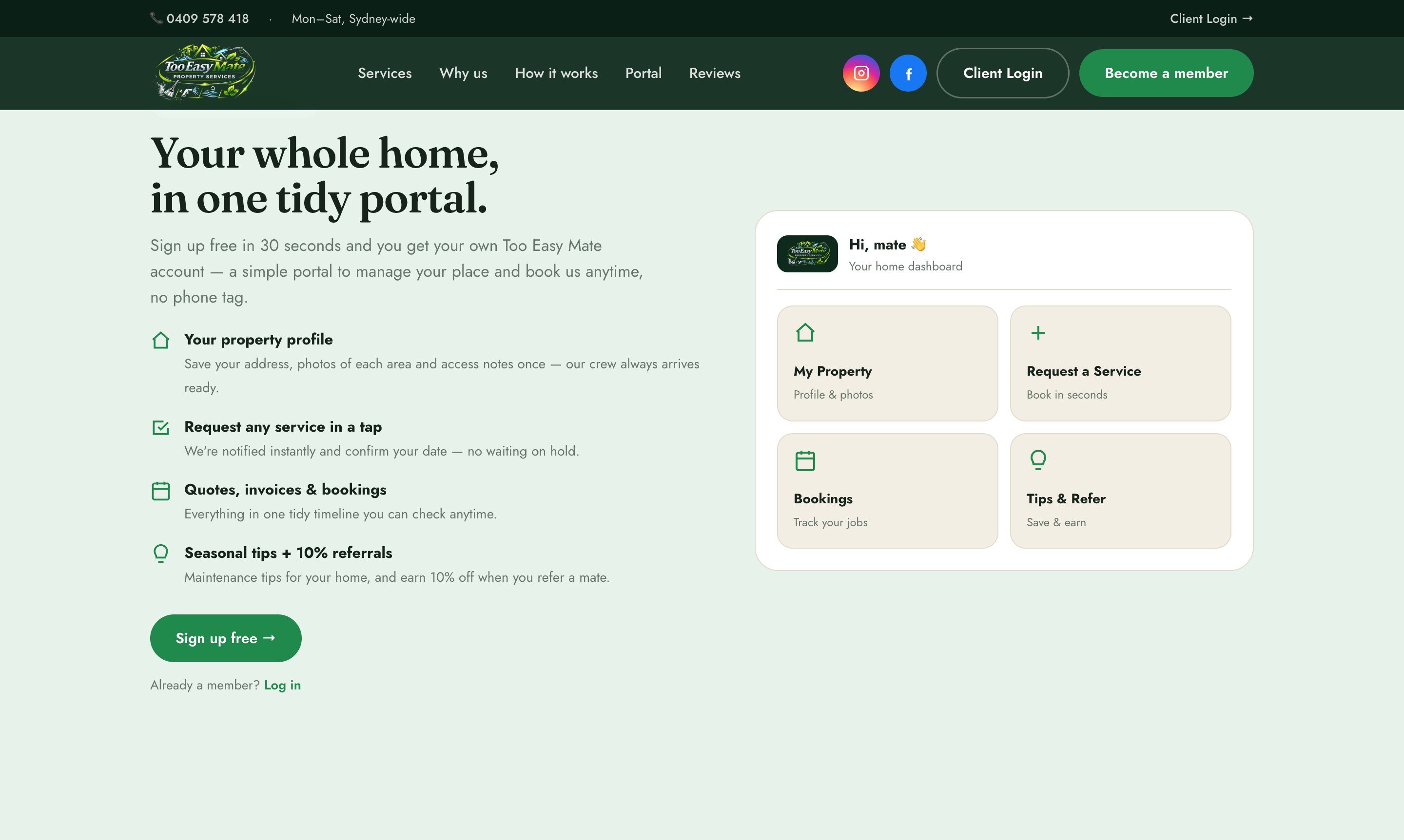TooEasyMate client portal — My Property, Request a Service, Bookings, Tips and Refer