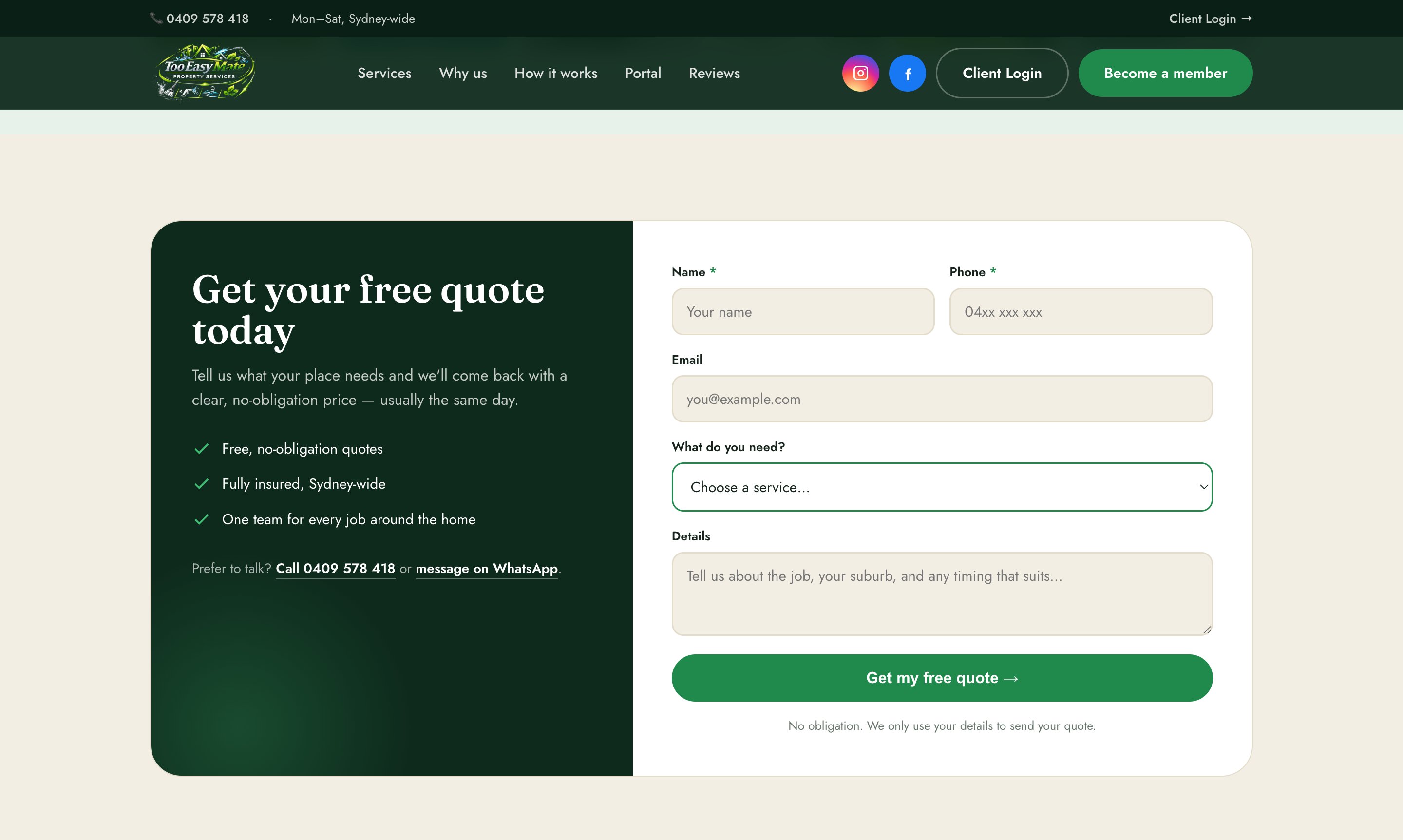 TooEasyMate quote engine — get your free quote today form